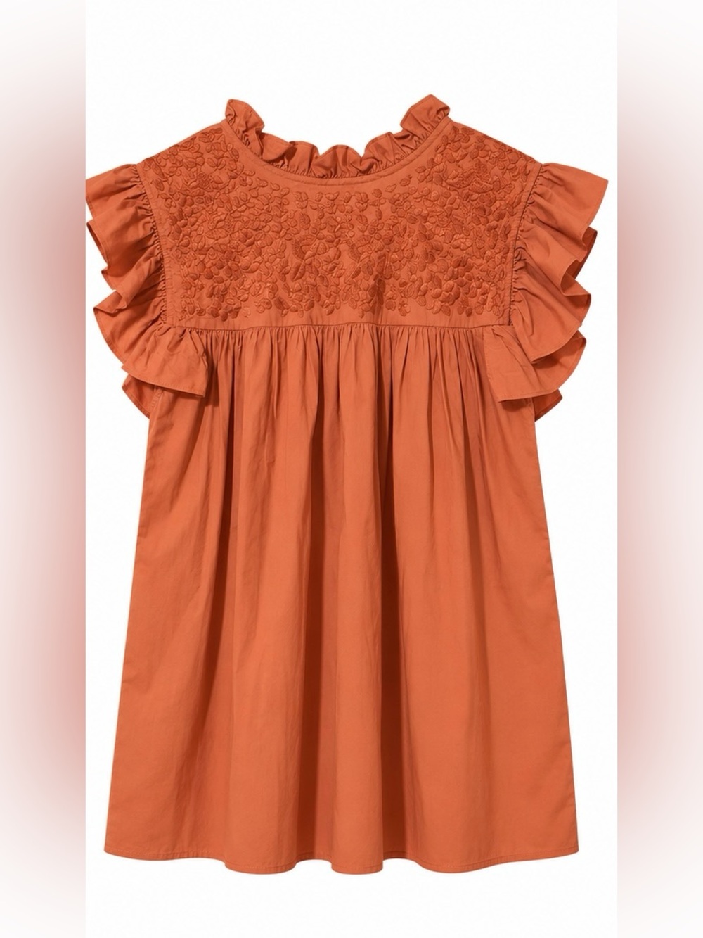 Women’s Ruffled Embroidered Flutter-Sleeve Top - Rust Orange - Picture 2 of 2